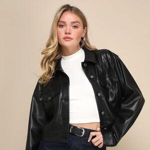 Black vegan leather cropped button up jacket